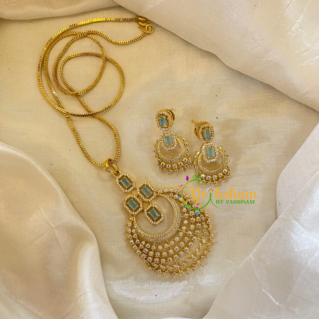 Pastel Blue Gold Look Alike AD Stone Pendant Chain-Chandbali-G8281