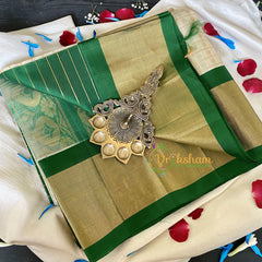 Half White Silk Cotton Saree with Green Border - 1000 Butta -VS685