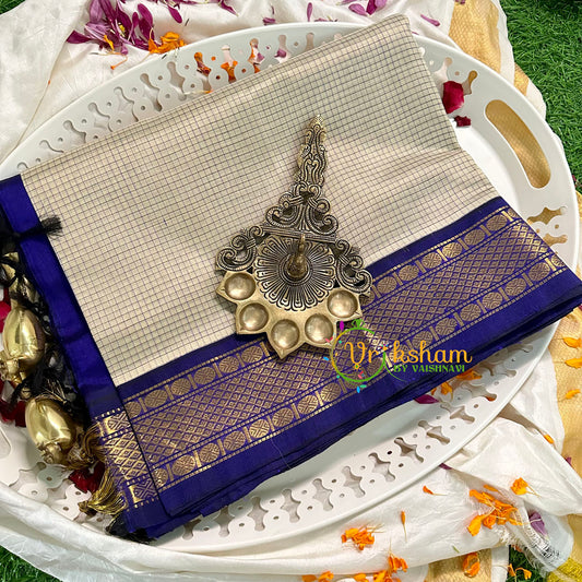 Half White with Blue Podi Kattam Silk Cotton Saree -VS1598