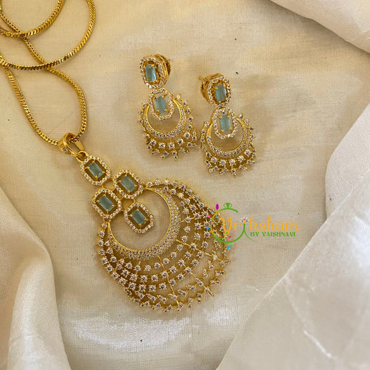 Pastel Blue Gold Look Alike AD Stone Pendant Chain-Chandbali-G8281