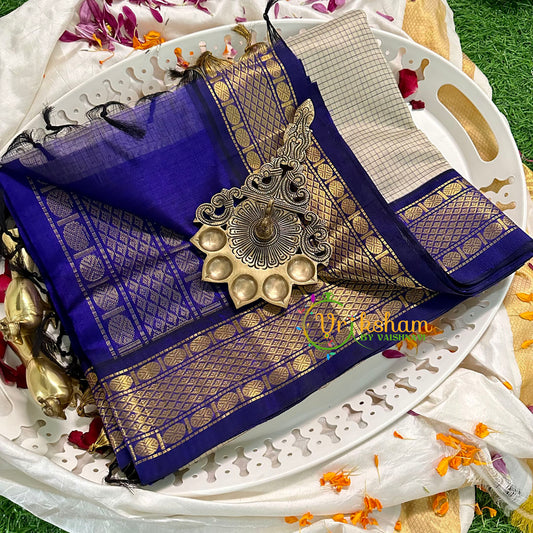 Half White with Blue Podi Kattam Silk Cotton Saree -VS1598