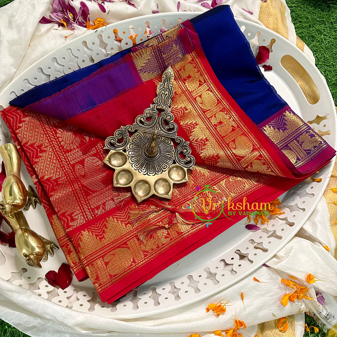 Blue with Red Silk Cotton Saree -VS1599