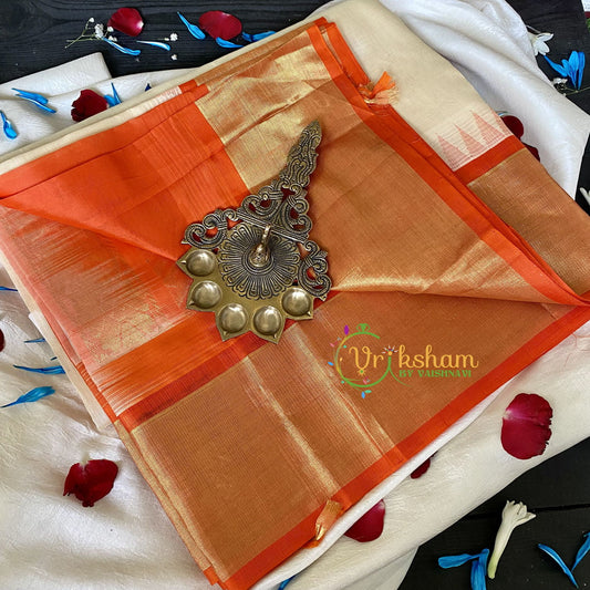 Half White Silk Cotton Saree with Orange Border-VS674