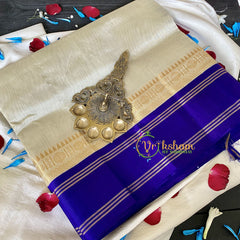 Half White Silk Cotton Saree with Bluish Violet Border-VS676