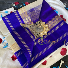 Half White Silk Cotton Saree with Bluish Violet Border-VS676