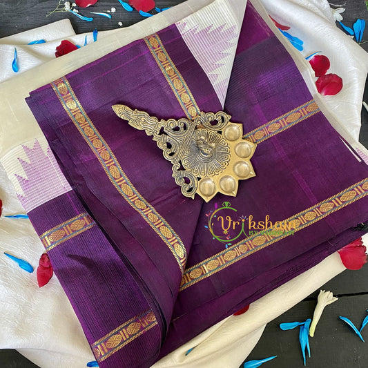 Half White Silk Cotton Saree with Purple Border -VS688