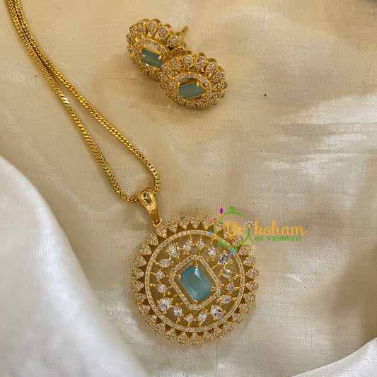 Gold Look Alike AD Stone Pendant Chain-Geometric-Aqua Blue-G8063