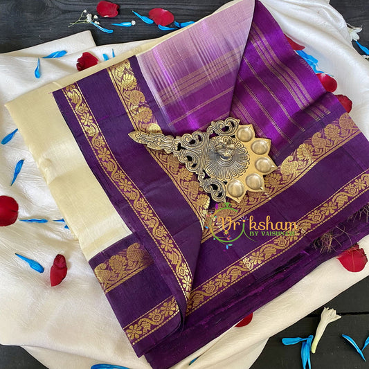 Half White Silk Cotton Saree with Purple Border -VS683