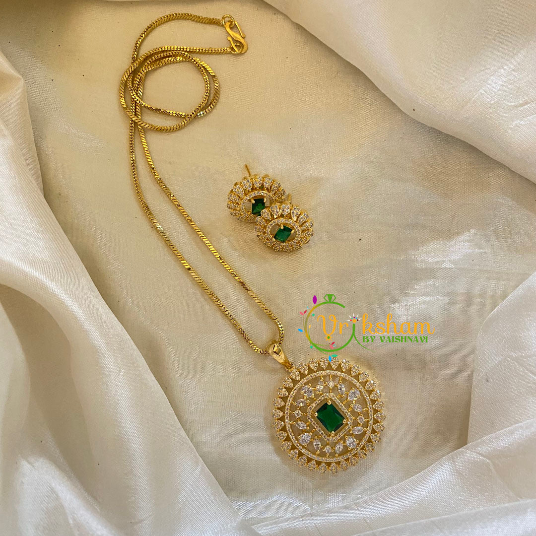 Gold Look Alike AD Stone Pendant Chain-Geometric-Emerald Green-G8062