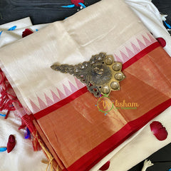 Half White Silk Cotton Saree with Dark Red Border -VS681