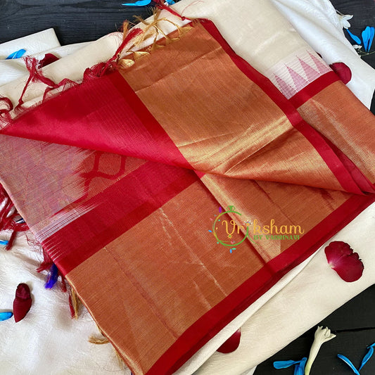 Half White Silk Cotton Saree with Dark Red Border -VS681