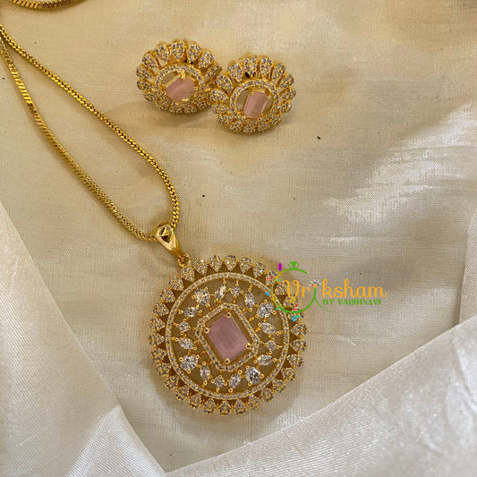 Gold Look Alike AD Stone Pendant Chain-Geometric-Pastel Pink-G8060