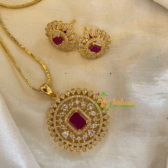 Gold Look Alike AD Stone Pendant Chain-Geometric-Red-G8059