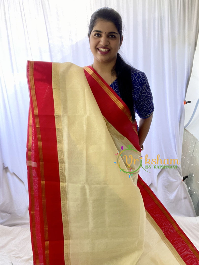 Half White Silk Cotton Saree With Red Border - Rettai Zari-VS667