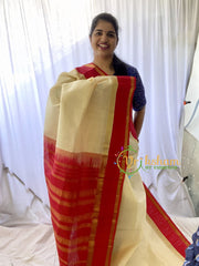 Half White Silk Cotton Saree With Red Border - Rettai Zari-VS667