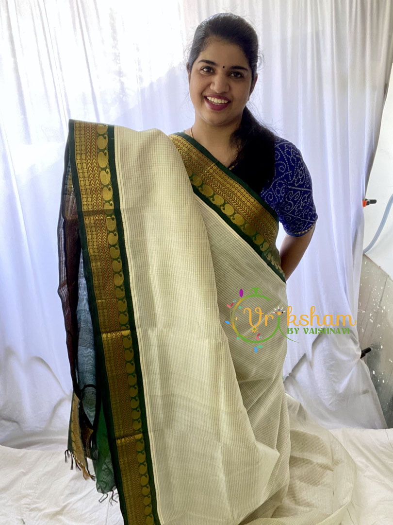 Half White Silk Cotton Saree With Dark Green Border-Podi Kattam-VS668