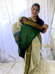 Half White Silk Cotton Saree With Dark Green Border-Podi Kattam-VS668