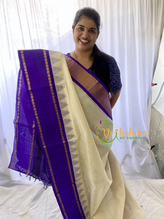 Half White Silk Cotton Saree With Bluish Violet Border-Thalampoo Border-VS669