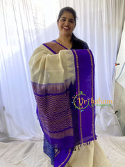 Half White Silk Cotton Saree With Bluish Violet Border-Thalampoo Border-VS669