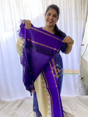 Half White Silk Cotton Saree With Bluish Violet Border-Thalampoo Border-VS669