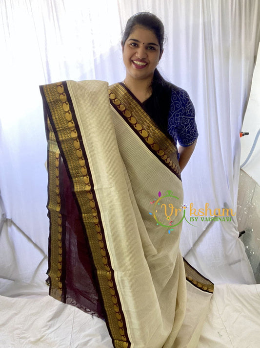 Half White Silk Cotton Saree With Arakku Maroon Border-Podi kattam-VS670