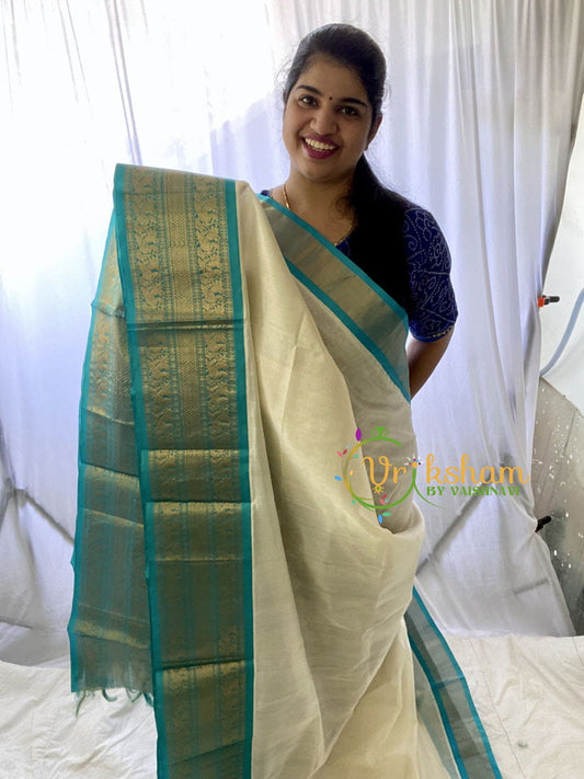 Half White Silk Cotton Saree with Aqua Blue Border-VS671