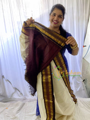 Half White Silk Cotton Saree wWith Dark Maroon Border-VS672