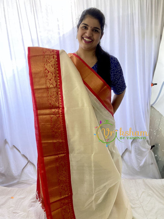 Half White Silk Cotton Saree With Dark Red Border-VS673