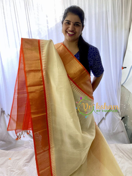 Half White Silk Cotton Saree with Orange Border-VS674