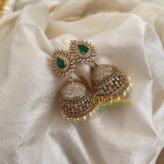 Green American Diamond Jhumkas -Gold Tone-G9121