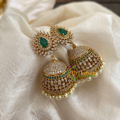 Green American Diamond Jhumkas -Gold Tone-G9121