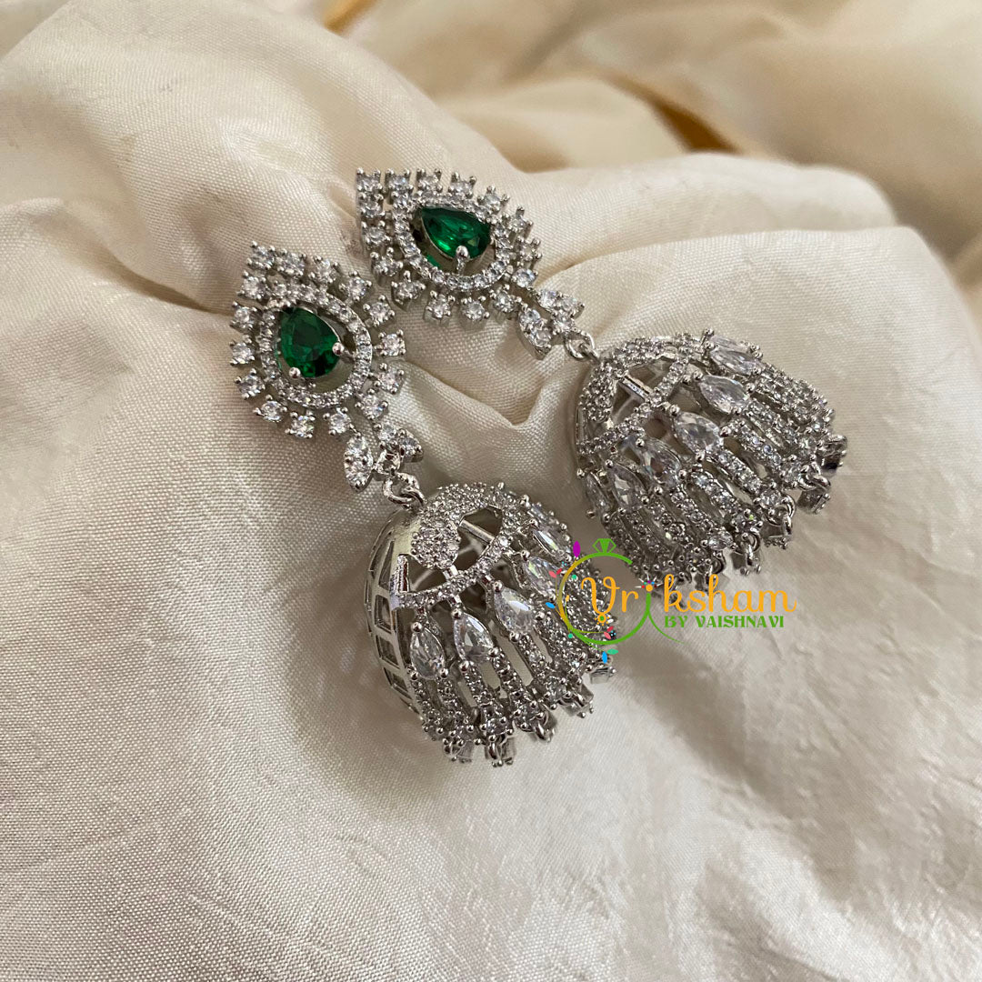 Green American Diamond Jhumkas-White tone -G9120