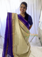 Half White Silk Cotton Saree with Bluish Violet Border-VS676