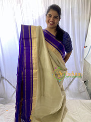 Half White Silk Cotton Saree with Bluish Violet Border-VS676