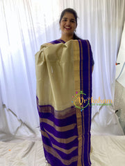 Half White Silk Cotton Saree with Bluish Violet Border-VS676