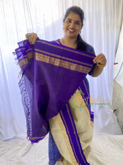 Half White Silk Cotton Saree with Bluish Violet Border-VS676