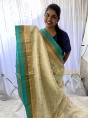 Half White Silk Cotton Saree with Light Blue Border -VS678