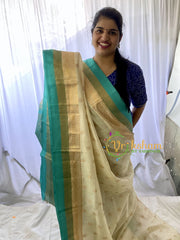 Half White Silk Cotton Saree with Light Blue Border -VS678