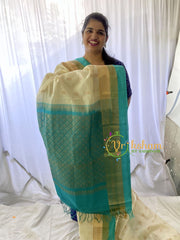 Half White Silk Cotton Saree with Light Blue Border -VS678