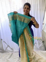 Half White Silk Cotton Saree with Light Blue Border -VS678