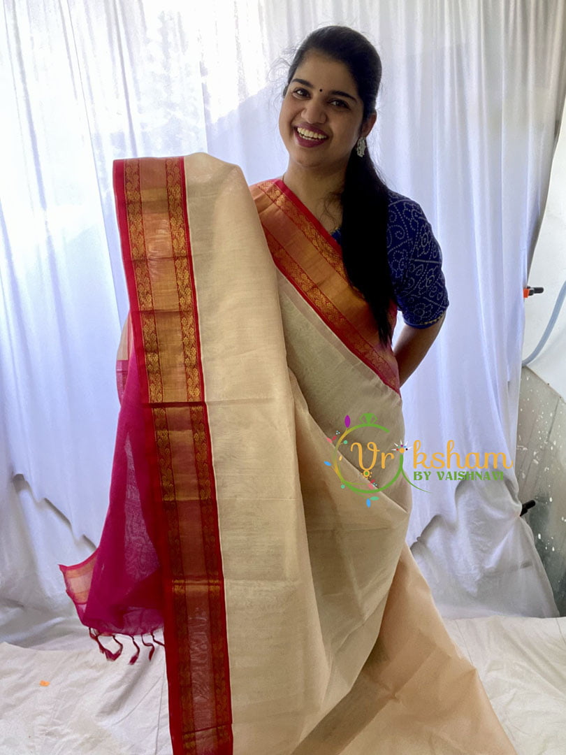 Half White Silk Cotton Saree With Pink Border -VS664