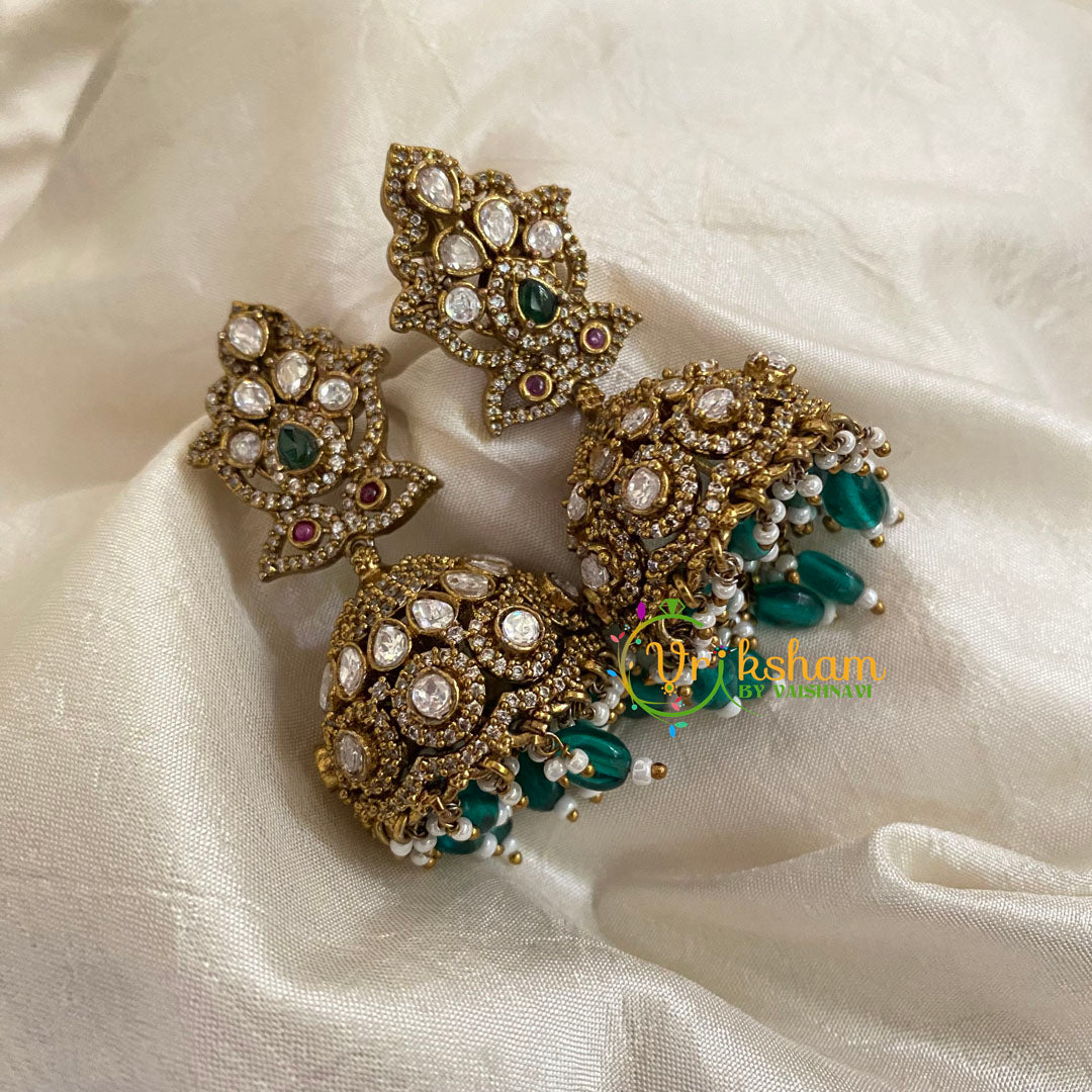 Green Bead Victorian Diamond Jhumkas -VV796