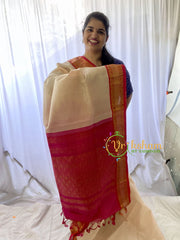 Half White Silk Cotton Saree With Pink Border -VS664