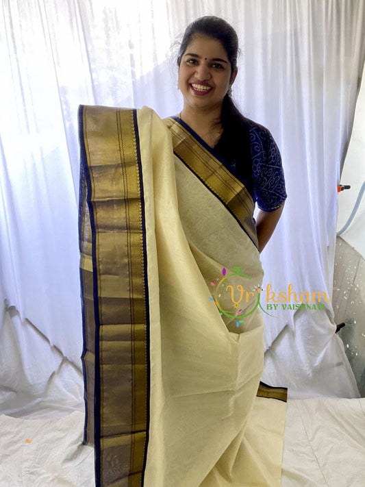 Half White Silk Cotton Saree with Dark Blue Border -VS679