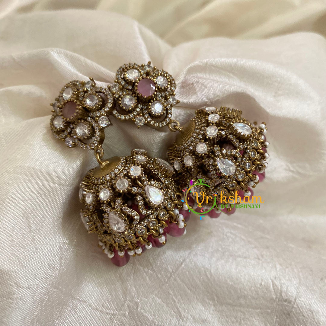 Pastel Pink Bead Victorian Diamond Jhumkas -VV797