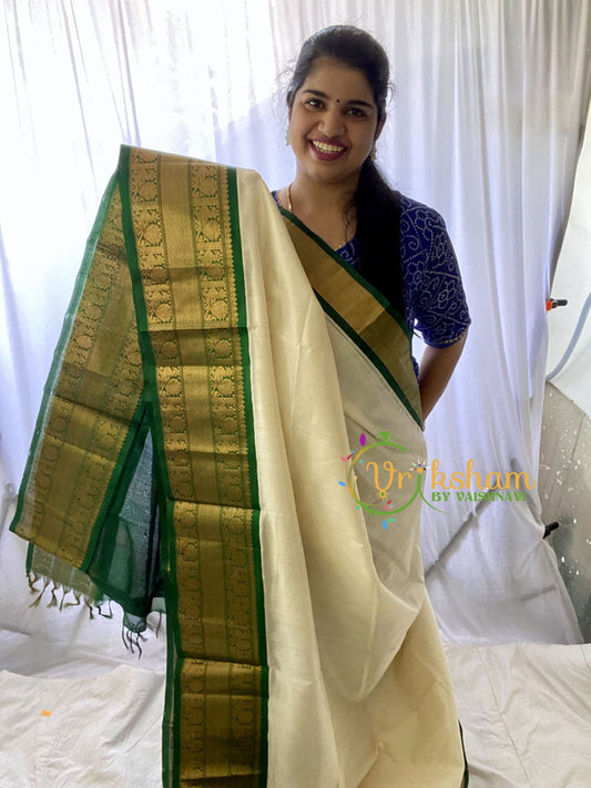 Half White Silk Cotton Saree with Green Border-VS680