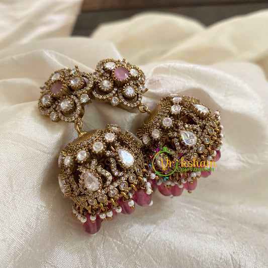 Pastel Pink Bead Victorian Diamond Jhumkas -VV797