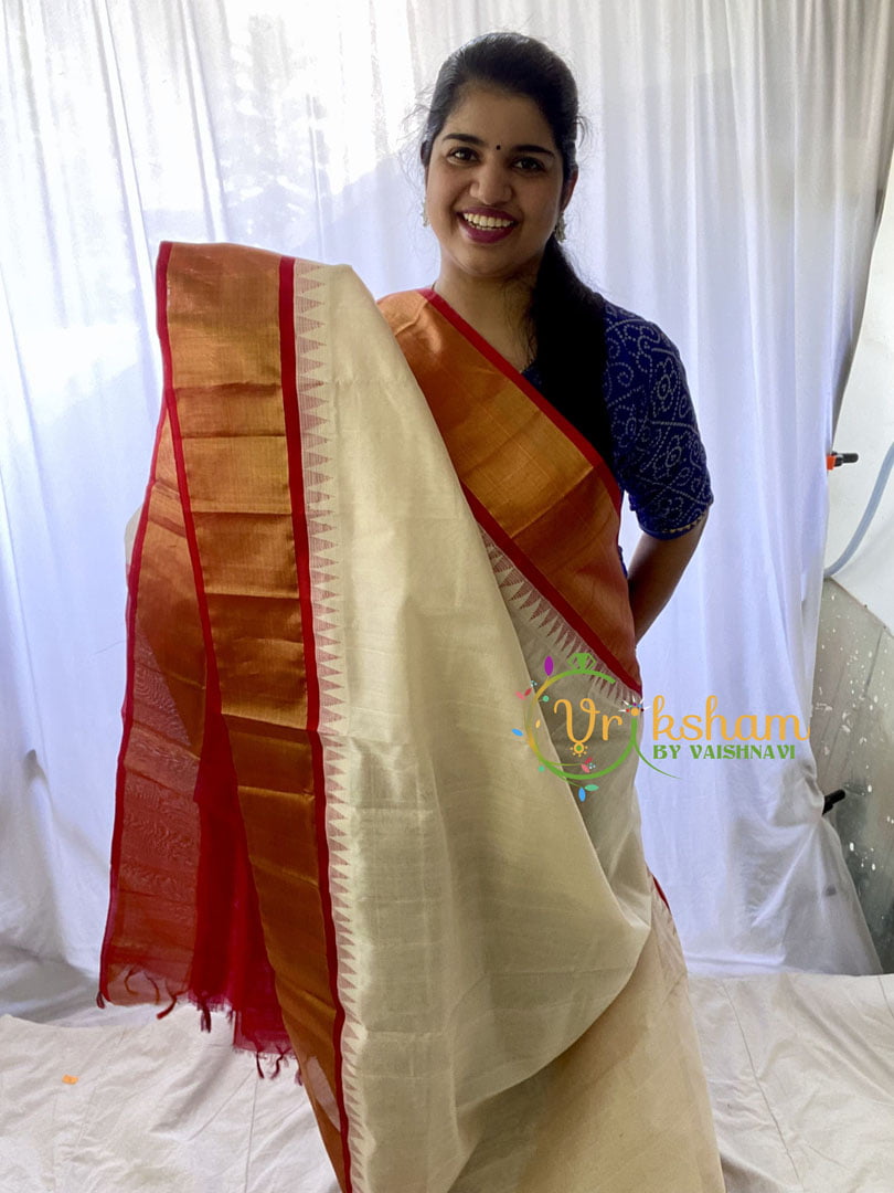 Half White Silk Cotton Saree with Dark Red Border -VS681