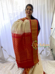 Half White Silk Cotton Saree with Dark Red Border -VS681