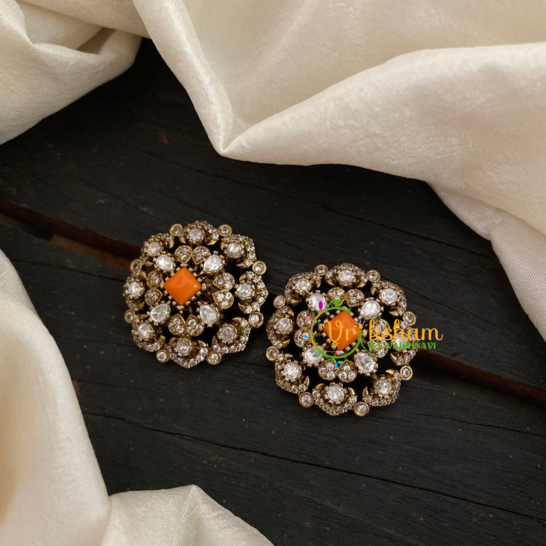 Orange Victorian Diamond Studs-Floral -VV815